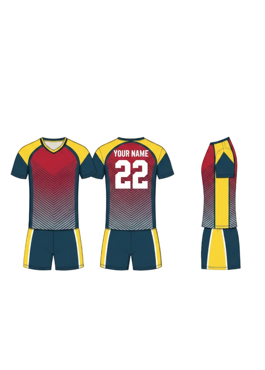 Red yellow and blue gradient sports jersey with matching shorts front back and side view custom football cricket team uniform design