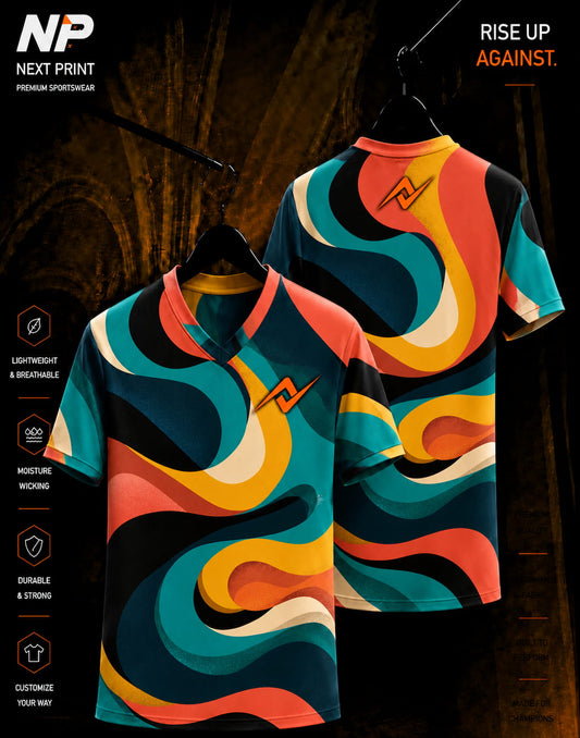 Retro Fusion abstract wave multicolor sublimation V-neck sports jersey front and back by Next Print