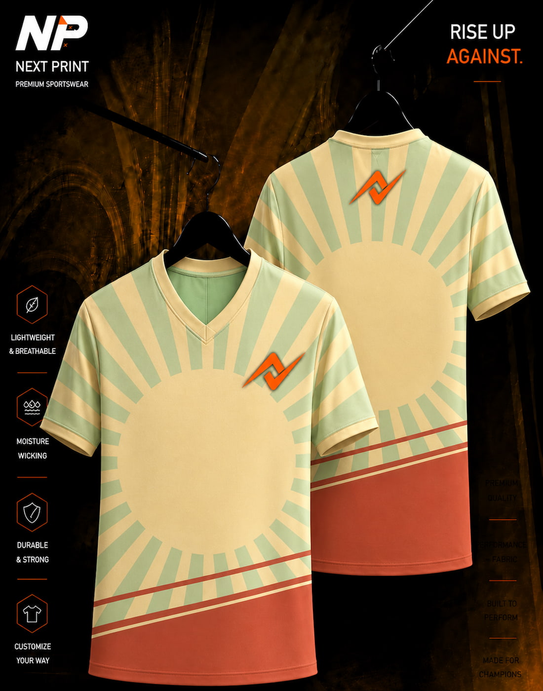 Retro sunburst horizon V-neck sports jersey featuring vintage cream, sage green, and terracotta abstract design with NextPrint logo.