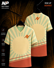 Retro sunburst horizon V-neck sports jersey featuring vintage cream, sage green, and terracotta abstract design with NextPrint logo.