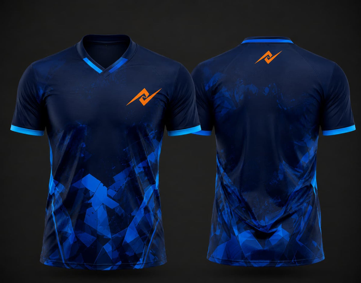 Front and back view of a royal blue custom V-neck cricket jersey featuring geometric blue crystal graphics, custom chest logo, and matching back neck logo.