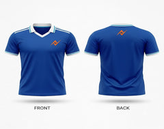 Front and back view of a royal blue classic V-neck cricket jersey with white collar, white sleeve accents, and orange chest and back logos.