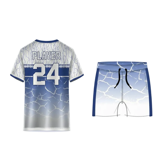 Royal blue frost sports jersey with white shorts back view