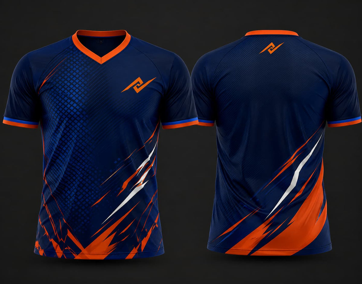 Royal blue and orange custom V-neck cricket jersey featuring dynamic orange and white brush-stroke graphics with logo on the chest and below the back neck, shown in front and back view.