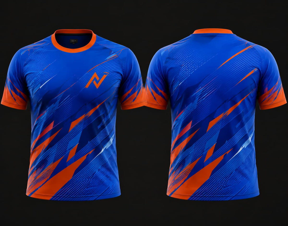 Front and back view of a royal blue and orange dynamic pattern round neck custom cricket jersey with sublimation print