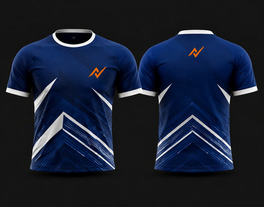 Front and back view of a royal blue and white round neck cricket jersey featuring bold chevron graphics, white accents, and orange chest and back logos.