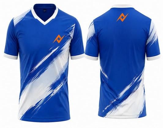 Front and back view of a royal blue and white V-neck cricket jersey featuring bold white brushstroke graphics with custom logo placement on the chest and below the back neckline.