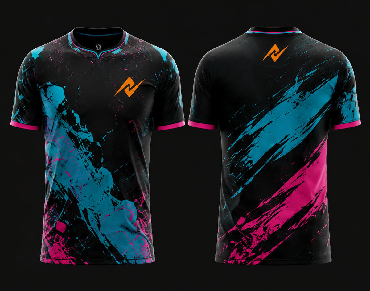 Front and back view of Royal Inferno Free Fire esports jersey featuring black and gold brush-stroke graphics with round neck collar and orange logo placement on chest and upper back neck.