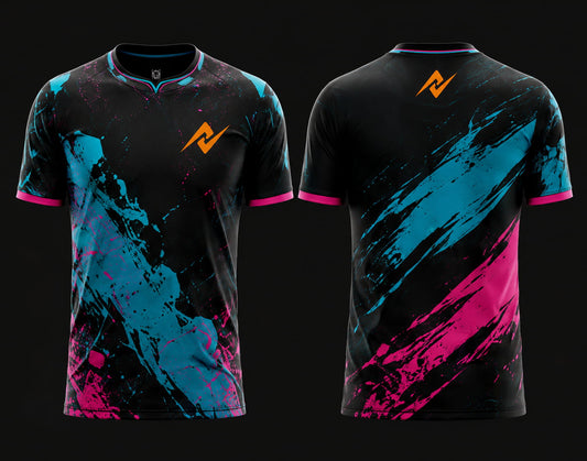 Front and back view of Royal Inferno Free Fire esports jersey featuring black and gold brush-stroke graphics with round neck collar and orange logo placement on chest and upper back neck.