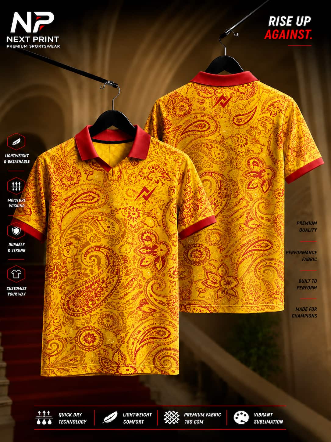 Royal Paisley Gold Polo Sports Jersey with red polo collar and premium yellow paisley sublimation design displayed from front and back.