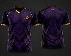 Royal purple and black custom V-neck cricket jersey featuring a chevron pattern with gold accents, logo on the chest and below the back neck, shown in front and back view.
