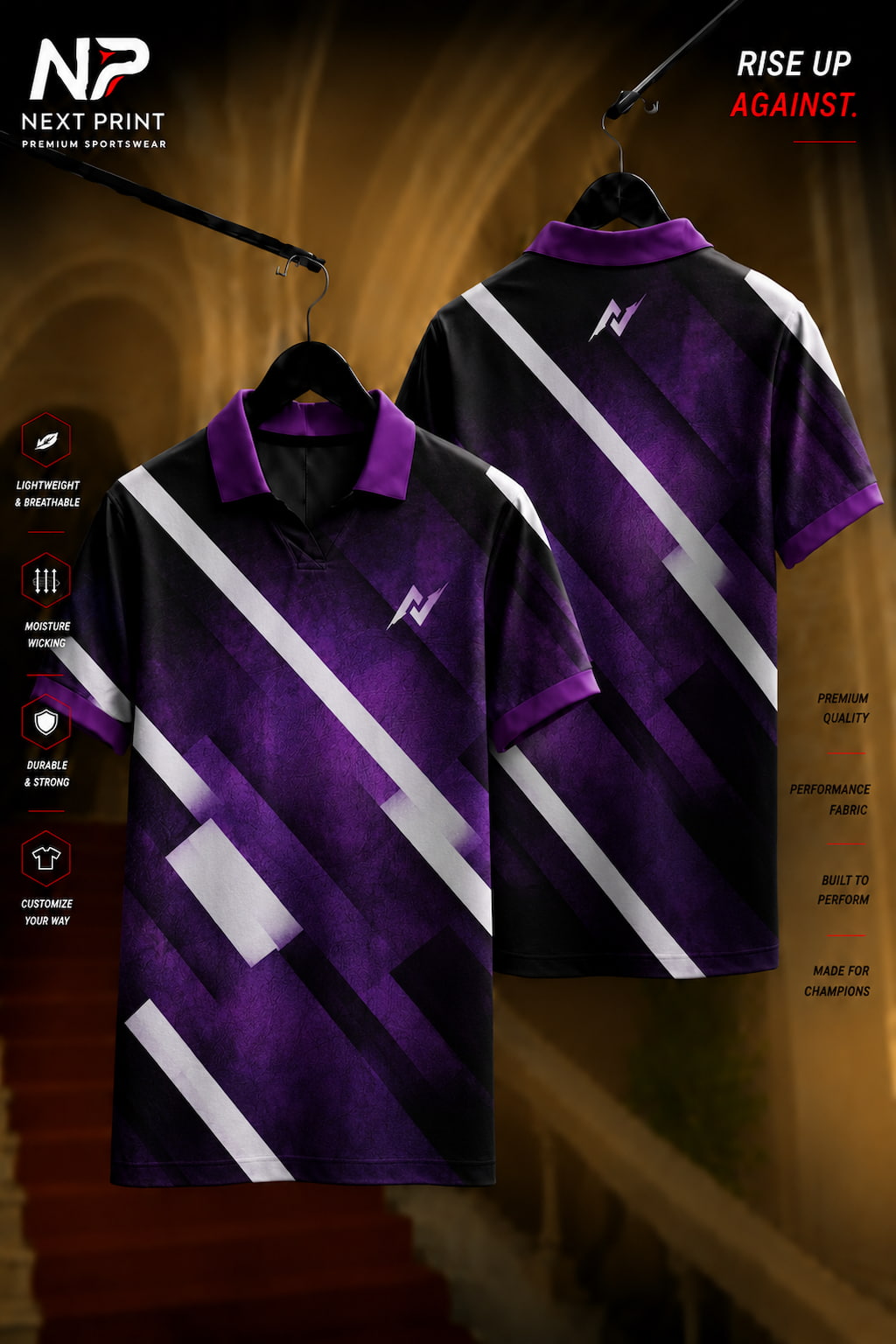 Purple and black polo sports jersey with bold white diagonal stripes shown in front and back views, made from premium dry-fit performance fabric.