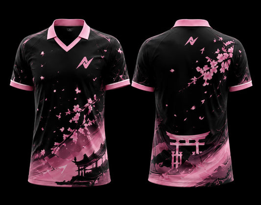 Front and back view of the Sakura Blossom K-Pop V Neck Polo Collar Jersey featuring black and pink colors with cherry blossom branches and Japanese-inspired artwork.