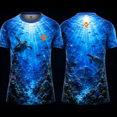 Sapphire Ocean World Turtle Round Neck Sports Jersey featuring underwater city, sea turtle, tropical fish, and premium blue ocean sublimation design by Next Print.