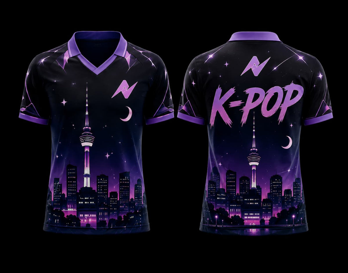Front and back view of a black and purple V-neck polo K-pop jersey featuring a glowing Seoul-inspired city skyline, crescent moon, star graphics, and premium sublimation printing.