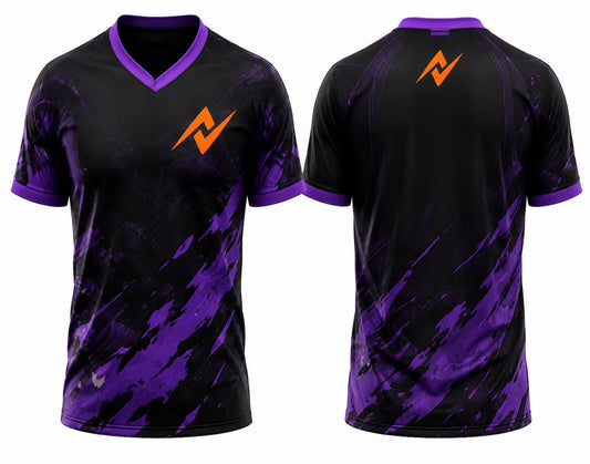 Black and purple V-neck esports jersey with bold brushstroke graphics and front and back views for competitive gaming teams.