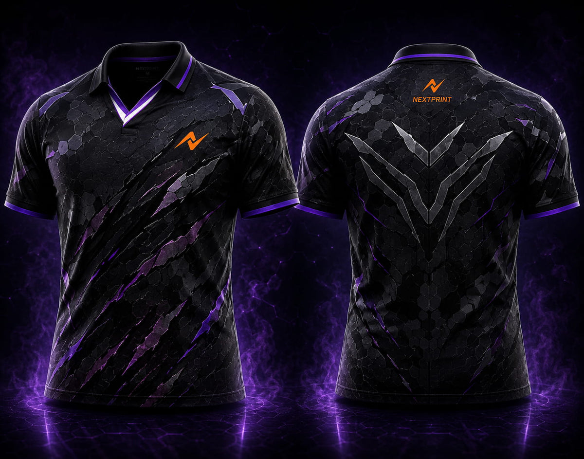Front and back view of Shadow Protocol black and purple V-neck esports polo jersey featuring stealth armor textures, claw slash graphics, tactical emblem artwork, side chest logo, and back neck logo placement.