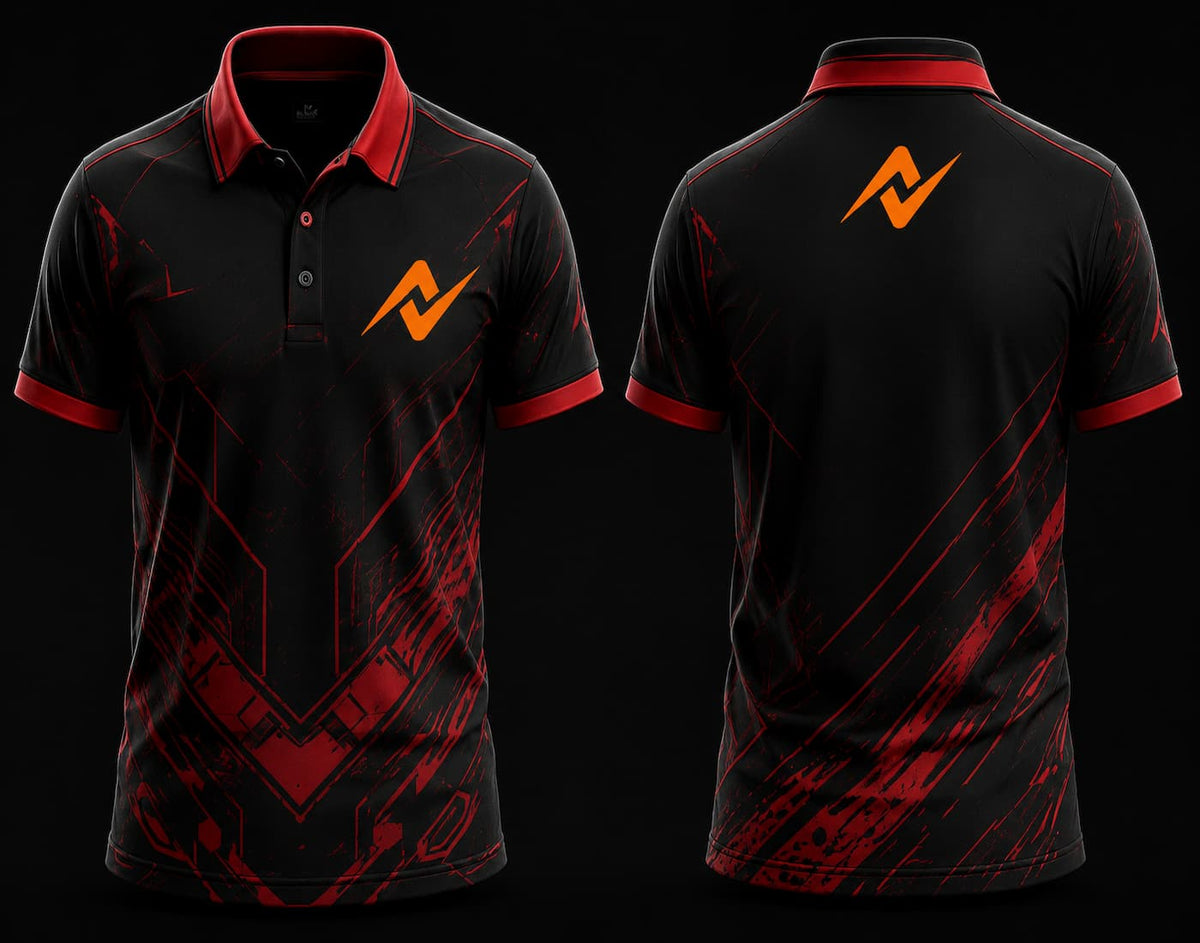 Front and back view of a black and red esports polo jersey featuring futuristic red geometric graphics, orange team logo, red collar accents, and customizable team branding.