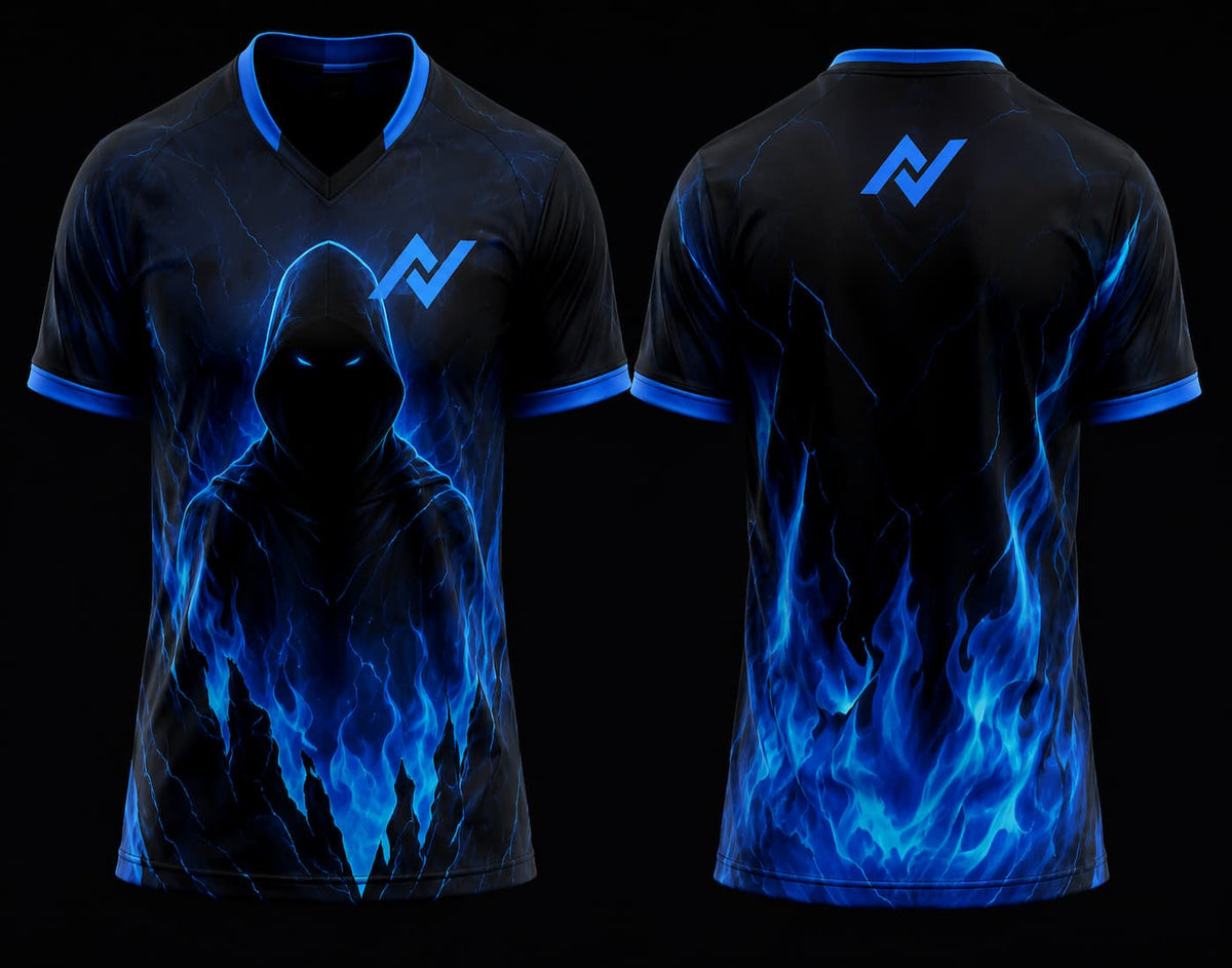 Front and back mockup of a black V-neck esports jersey featuring a glowing hooded reaper with electric blue flames, chest logo, and back neck logo.