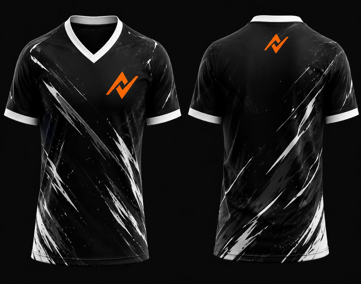 Front and back mockup of a black and white V-neck esports jersey featuring dynamic brush-stroke graphics with an orange chest logo and back neck logo.