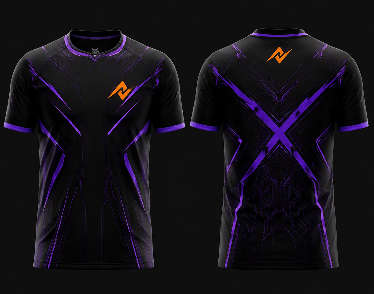 Front and back view of Shadow X Free Fire esports jersey featuring black and purple cyber graphics with a large X-pattern on the back, round neck collar, and orange logo placement on chest and upper back neck.