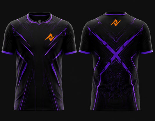 Front and back view of Shadow X Free Fire esports jersey featuring black and purple cyber graphics with a large X-pattern on the back, round neck collar, and orange logo placement on chest and upper back neck.