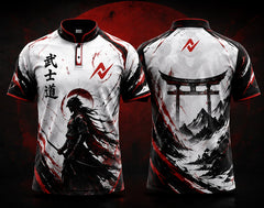 Front and back view of a white, black, and crimson esports jersey featuring a samurai warrior, Japanese calligraphy, torii gate artwork, Chinese collar, and premium sublimation print.