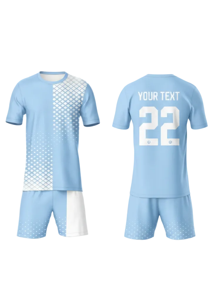 Sky blue custom sports jersey with matching shorts for cricket, football and team uniform printing front and back view design