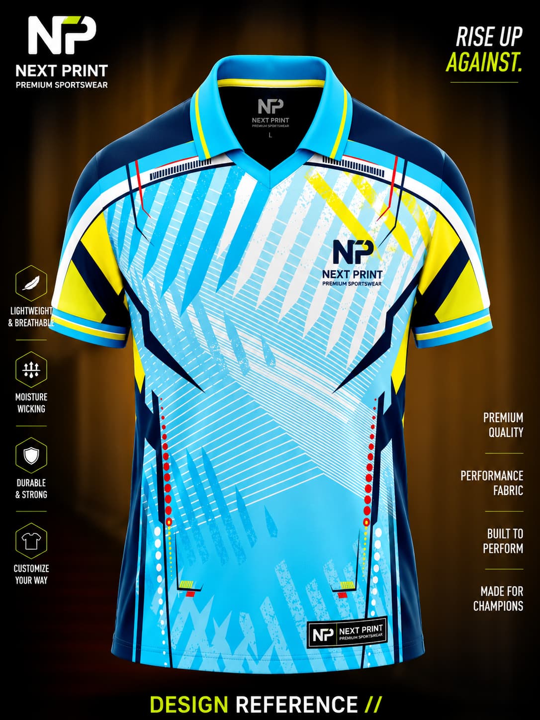 Sky blue and navy geometric cricket polo jersey with yellow accents and premium sublimation sportswear design.