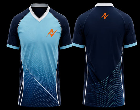 Front and back view of a sky blue and navy V-neck cricket jersey featuring elegant wave graphics with an orange chest logo and upper back logo.