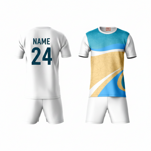Sky blue activewear t-shirt with white shorts back view