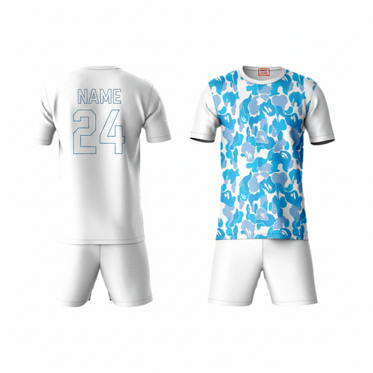 Sky blue white camouflage athletic sports t-shirt with white shorts back side view