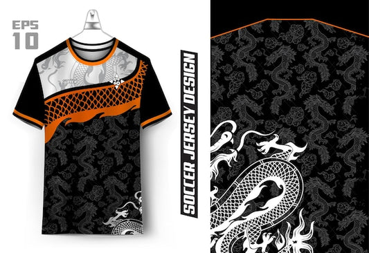 Next Print Soccer Jersey with Dragon Motif in Black Orange and White