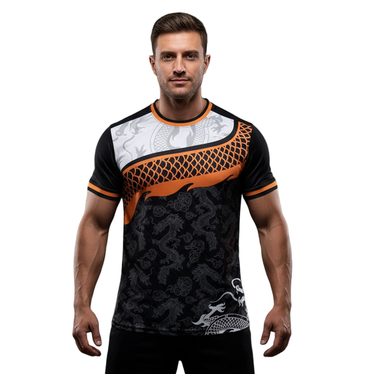Next Print Soccer Jersey with Dragon Motif in Black Orange and White