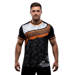 Next Print Soccer Jersey with Dragon Motif in Black Orange and White