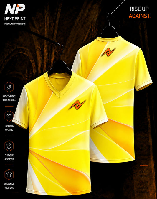 Solar Flare yellow orange and white abstract wave sublimation V-neck sports jersey front and back by Next Print