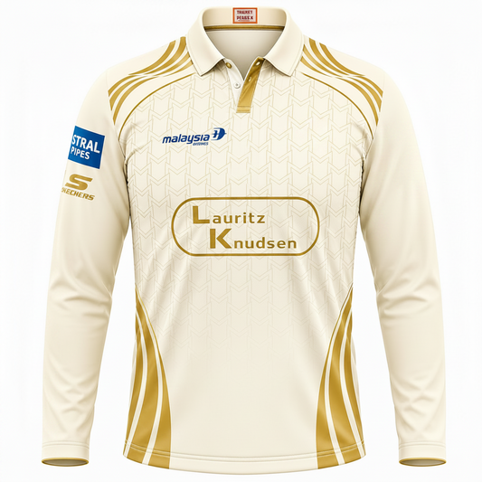Creme and gold cricket jersey with multiple brand logos on a white background