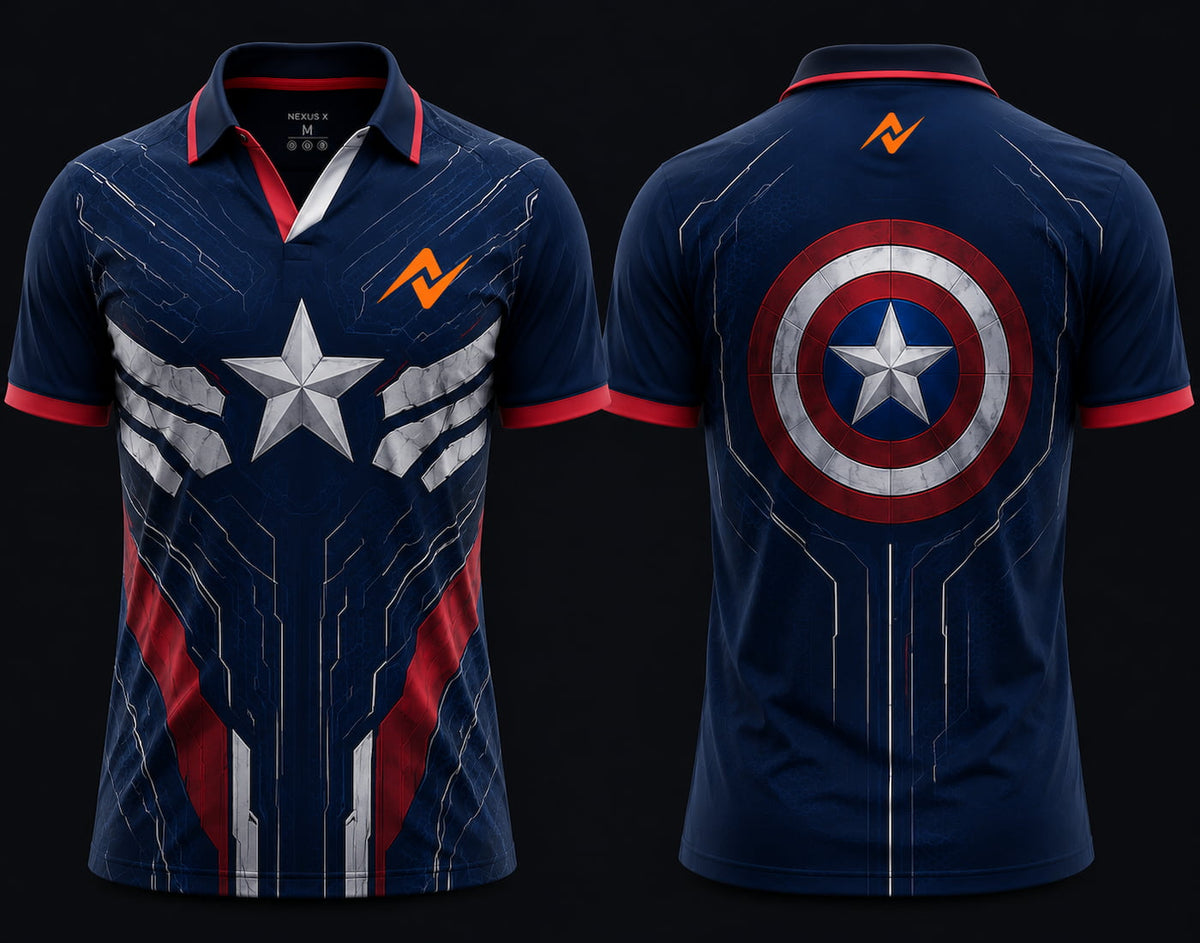 Front and back view of Star Strike navy blue V-neck esports polo jersey featuring star and tactical wing graphics with side chest logo and back neck logo placement.