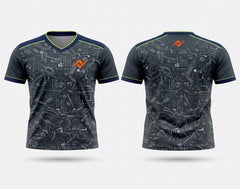 Front and back view of a graphite grey V-neck cricket jersey featuring a circuit board-inspired pattern, lime green trim, and orange chest and back logos.
