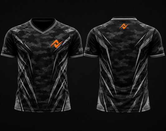 Front and back view of the Stealth Ops black camouflage V-neck esports jersey with silver geometric accents and custom logo on the chest and below the back collar.