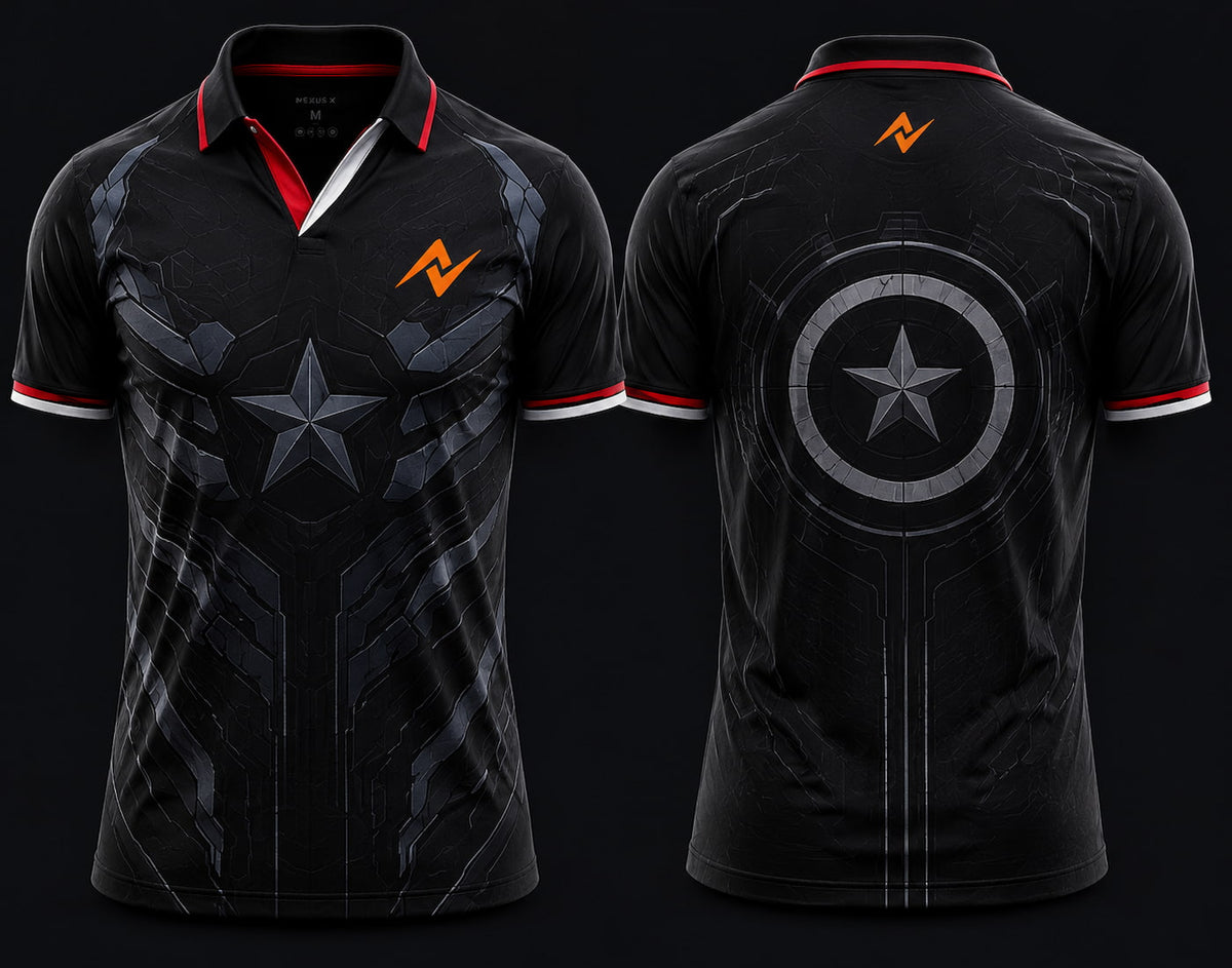 Front and back view of Stealth Sentinel black V-neck esports polo jersey featuring tactical armor graphics with side chest logo and back neck logo placement.