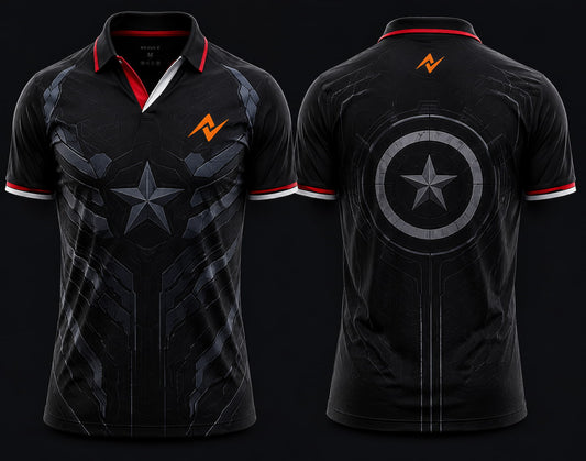 Front and back view of Stealth Sentinel black V-neck esports polo jersey featuring tactical armor graphics with side chest logo and back neck logo placement.