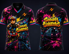 Front and back view of Subway Surfers Neon Rush V-neck polo esports jersey featuring graffiti artwork, subway train graphics, colorful street art design, and orange logo placement