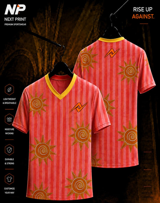 Sun Spiral pink striped sublimation V-neck sports jersey with golden sun pattern by Next Print