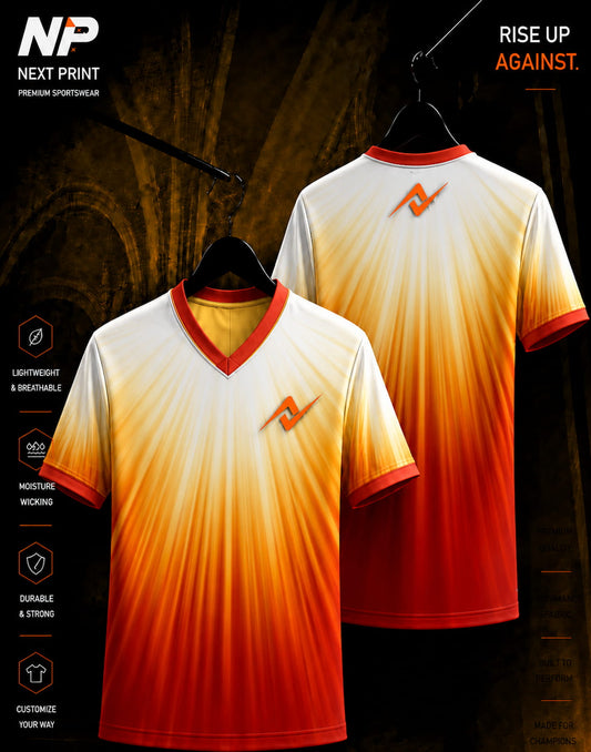 White, yellow and red sunburst gradient custom sublimation cricket jersey with premium performance sportswear design.