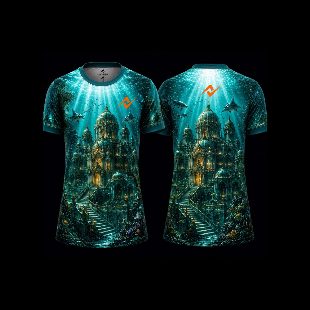 Front and back view of the Sunken Royal Palace Sublimation Round Neck Sports Jersey featuring underwater palace architecture, sharks, ocean rays, and premium aqua marine artwork by Next Print.