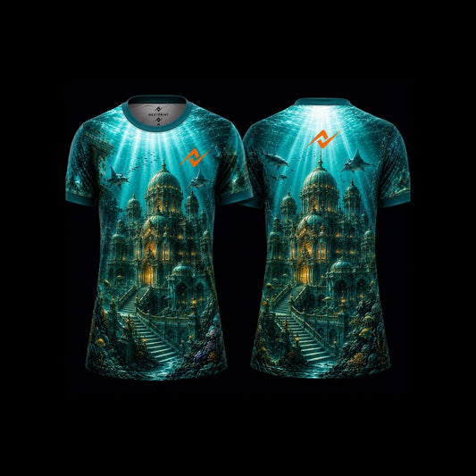 Front and back view of the Sunken Royal Palace Sublimation Round Neck Sports Jersey featuring underwater palace architecture, sharks, ocean rays, and premium aqua marine artwork by Next Print.
