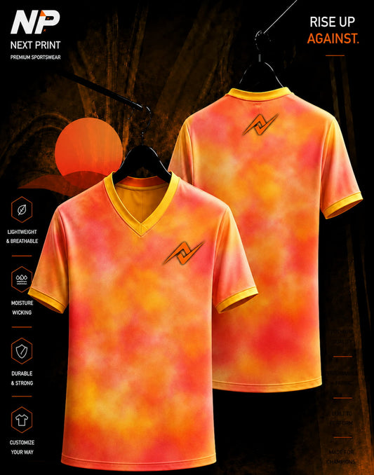 Sunset cloud gradient orange coral and yellow sublimation V-neck sports jersey front and back by Next Print