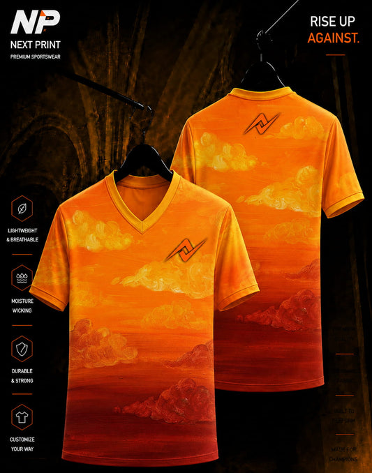 Sunset Cloud Orange Sublimation V-Neck Sports Jersey with artistic golden cloud design by Next Print