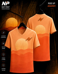 Sunset Dunes orange sublimation V-neck sports jersey with front and back view by Next Print
